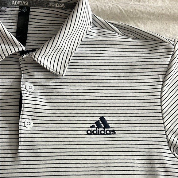 Adidas White and Blue Stripped Polo Shirt Performance Athletic - Picture 2 of 5